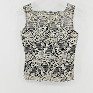 Vtg Y2k Kay Celine Lace Tank Top Womens Size M Tan Black Floral Scalloped Shell